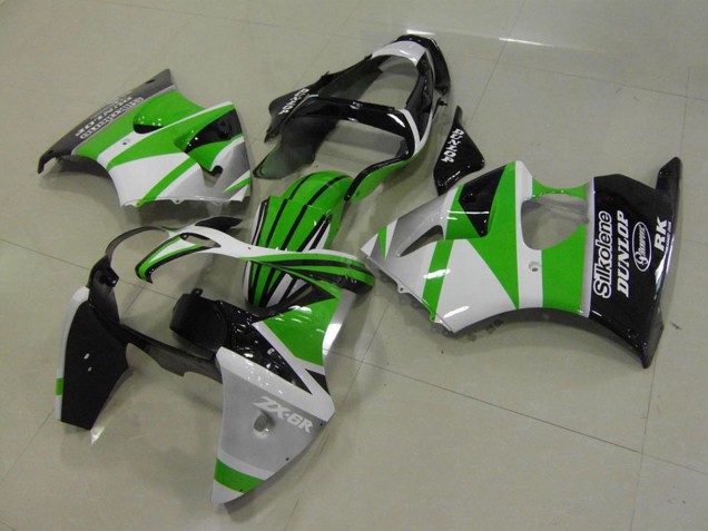 2000-2002 Kawasaki ZX6R Motorcycle Fairings - White Green Glossy Black Stripe Silkolene Dunlop Australia for Sale