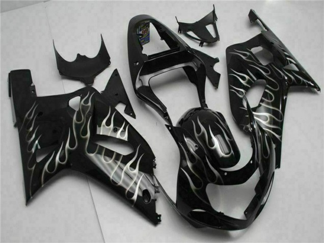 2001-2003 Suzuki GSXR 600/750 Motorcycle Fairings - Glossy Black Silver Flame Australia for Sale