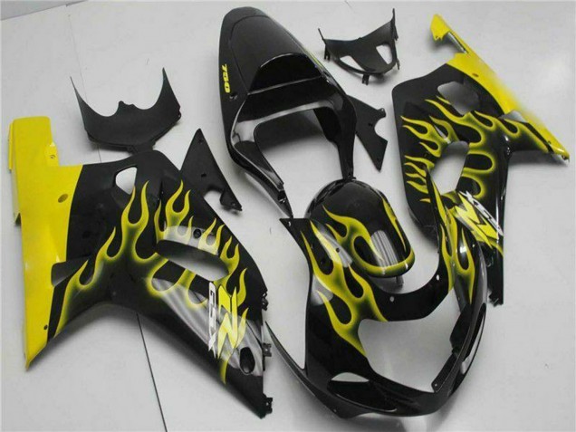 2001-2003 Suzuki GSXR 600/750 Motorcycle Fairings - Glossy Black Yellow Flame Australia for Sale