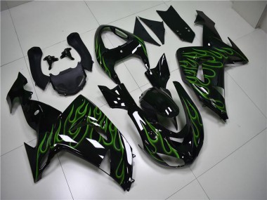 2006-2007 Kawasaki ZX10R Motorcycle Fairings - Glossy Black Green Flame Australia for Sale