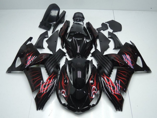 2006-2011 Kawasaki ZX14R ZZR1400 Motorcycle Fairings - Glossy Black Red Flame Australia for Sale