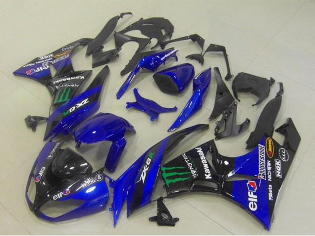 2009-2012 Kawasaki ZX6R Motorcycle Fairings - Blue Glossy Black Green Elf Monster Bridgestone Australia for Sale
