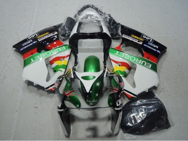 2000-2002 Kawasaki ZX6R Motorcycle Fairings - White Green Red Yellow Black Star EuroBet Australia for Sale