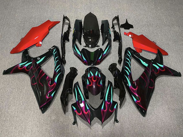 2008-2010 Suzuki GSXR 600 / GSXR 750 Motorcycle Fairings - Glossy Black Red Cyan Flame Australia for Sale