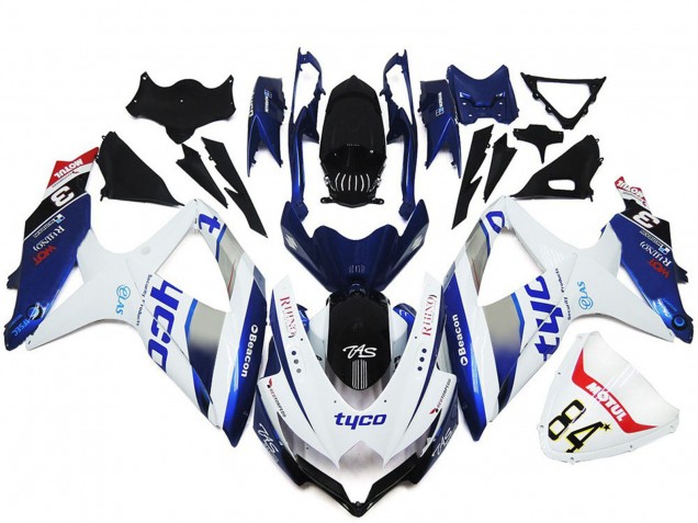 2008-2010 Suzuki GSXR 600 / GSXR 750 Motorcycle Fairings - White Silver Blue Black Tyco Australia for Sale