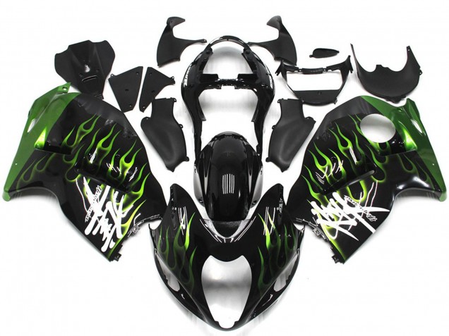 1996-2007 Suzuki GSXR 1300 Motorcycle Fairings - Glossy Black with Deep Green Flame Australia for Sale