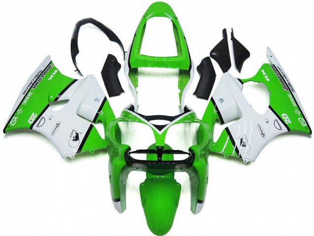 2000-2002 Kawasaki ZX6R Motorcycle Fairings - White Green Black Bridgestone Silkolene Australia for Sale