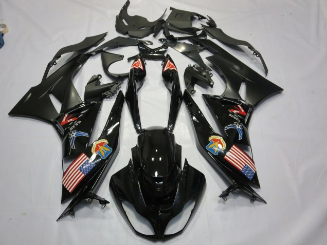 2009-2012 Kawasaki ZX6R Motorcycle Fairings - Glossy Black Matte Black American Flag Australia for Sale