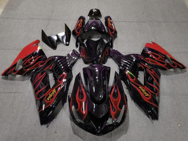 2006-2011 Kawasaki ZX14R Motorcycle Fairings - Glossy Black Red Flame Gold Ninja Australia for Sale