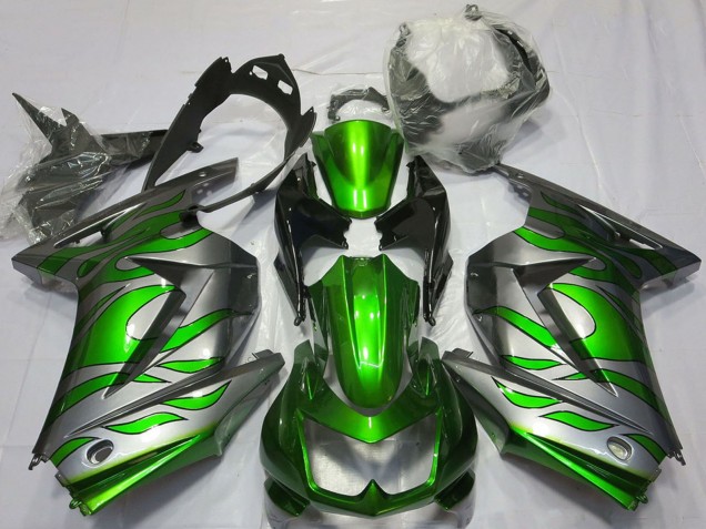 2008-2012 Kawasaki Ninja 250 Motorcycle Fairings - Silver Green Flame Australia for Sale
