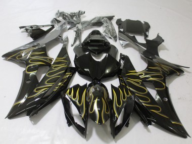 2008-2016 Yamaha R6 Motorcycle Fairings - Glossy Black Gold Flame Australia for Sale