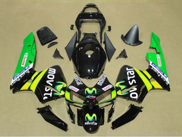 2003-2004 Honda CBR600RR Motorcycle Fairings - Glossy Black Yellow Green MoviStar Castrol Australia for Sale