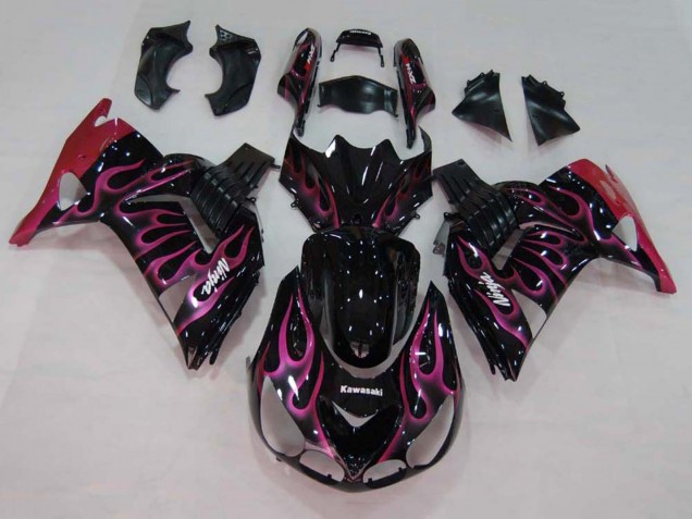 2006-2011 Kawasaki ZX14R ZZR1400 Motorcycle Fairings - Glossy Black Red Pink Flame Australia for Sale