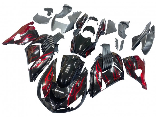 2006-2011 Kawasaki ZX14R ZZR1400 Motorcycle Fairing Kits - Glossy Black Red Flame Australia for Sale
