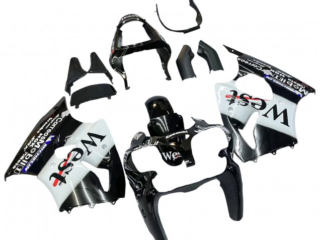 2000-2002 Kawasaki ZX6R Motorcycle Fairings - Glossy Black White West Michelin Australia for Sale
