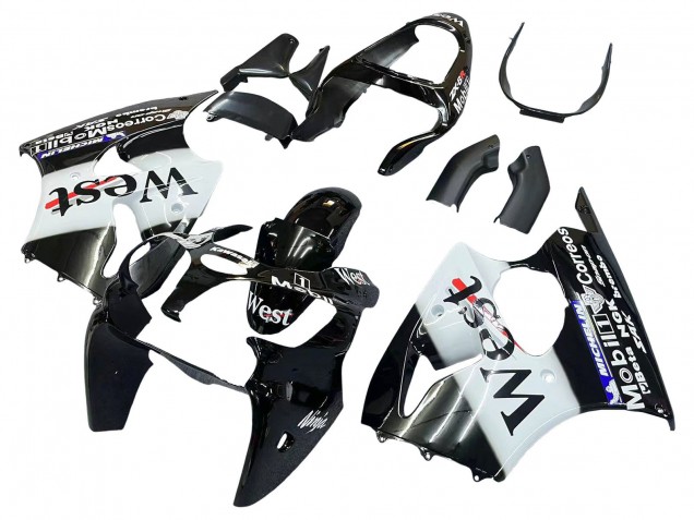 2000-2002 Kawasaki ZX6R Motorcycle Fairings - Glossy Black White West Michelin Australia for Sale