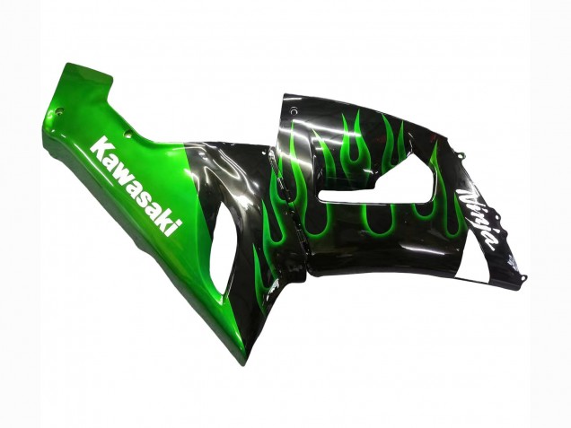 2005-2006 Kawasaki ZX6R Motorcycle Fairing - Glossy Black Green Flame Australia for Sale