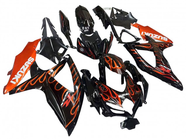 2008-2010 Suzuki GSXR 600 / GSXR 750 Motorcycle Fairings - Glossy Black Orange Flame Australia for Sale