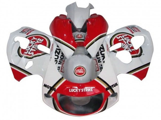 1996-2000 Suzuki GSXR 600 / GSXR 750 Motorcycle Fairings - White Red Lucky Strike Australia for Sale