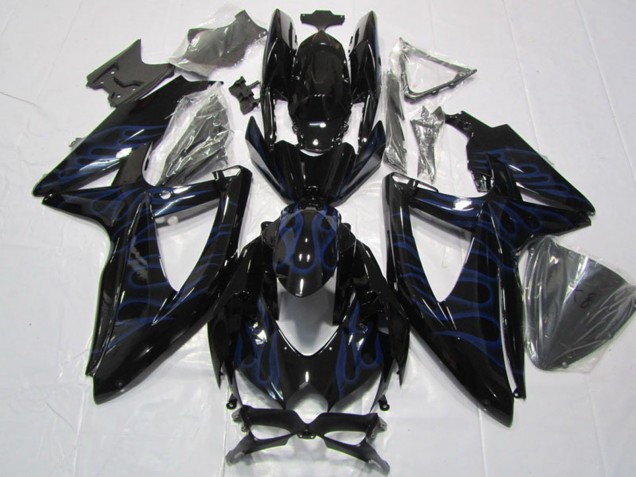 2008-2010 Suzuki GSXR 600 Motorcycle Fairings - Glossy Black Blue Flame Australia for Sale