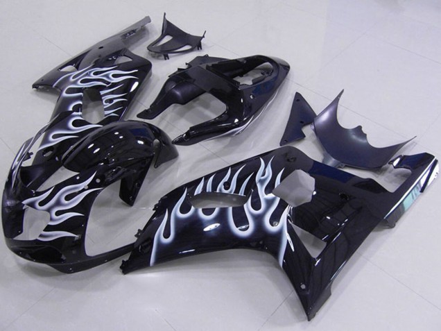 2001-2003 Suzuki GSXR 750 Motorcycle Fairings - Glossy Black White Flame Australia for Sale
