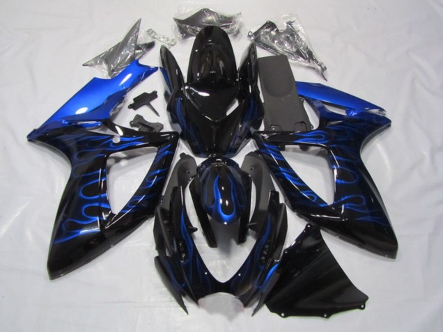 2006-2007 Suzuki GSXR 750 Motorcycle Fairings - Glossy Black Blue Flame Australia for Sale